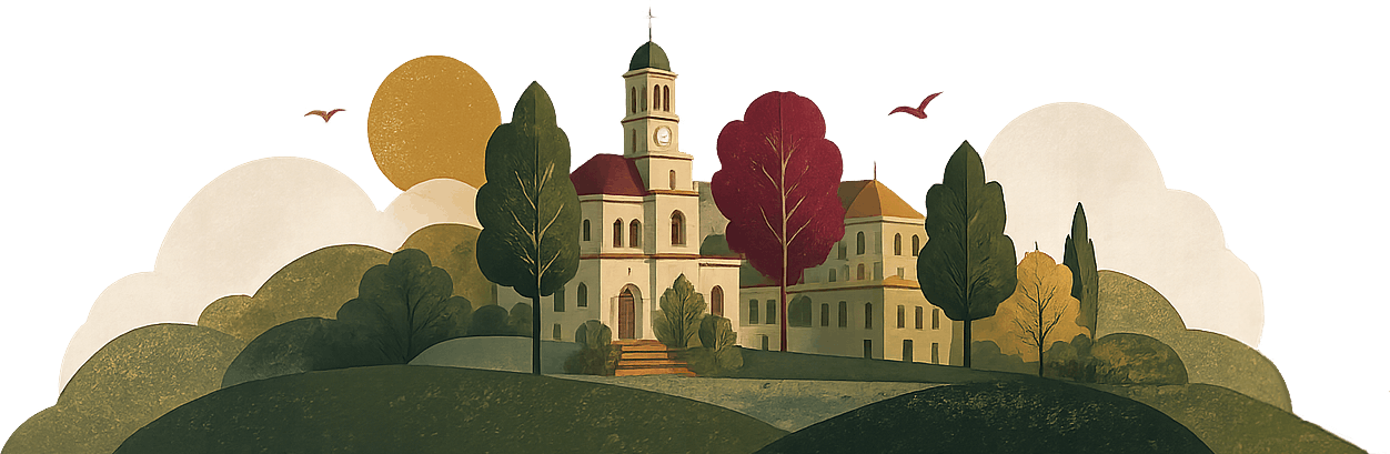Illustration of a small town with various school buildings,trees and hills, in a simple colourful style